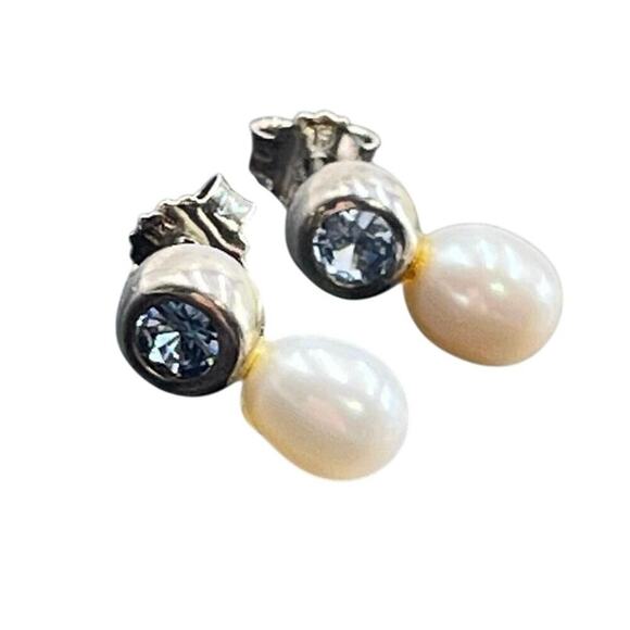 Signed‎ Designer 925 Sterling Silver Round Blue Topaz Drop Pierced Earrings - Picture 8 of 11